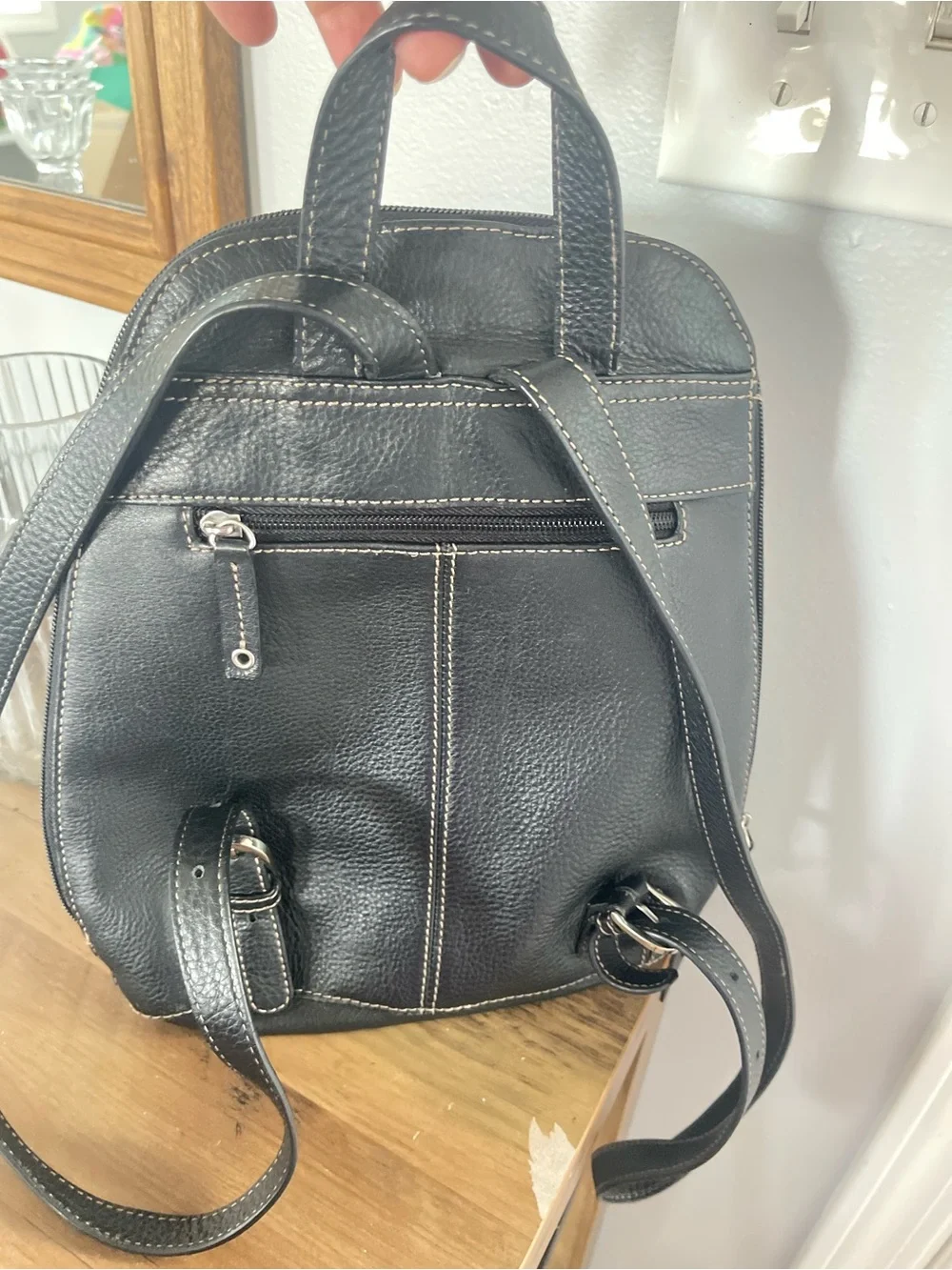 Clarks Black Pebbled Leather Backpack with Contrast Stitching